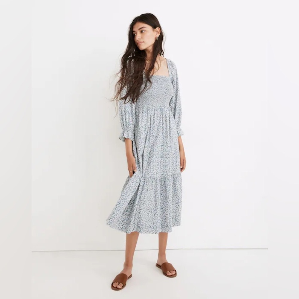 Madewell Lucie Smocked Elbow-Sleeve Midi Dress in Sunflower Blue size S